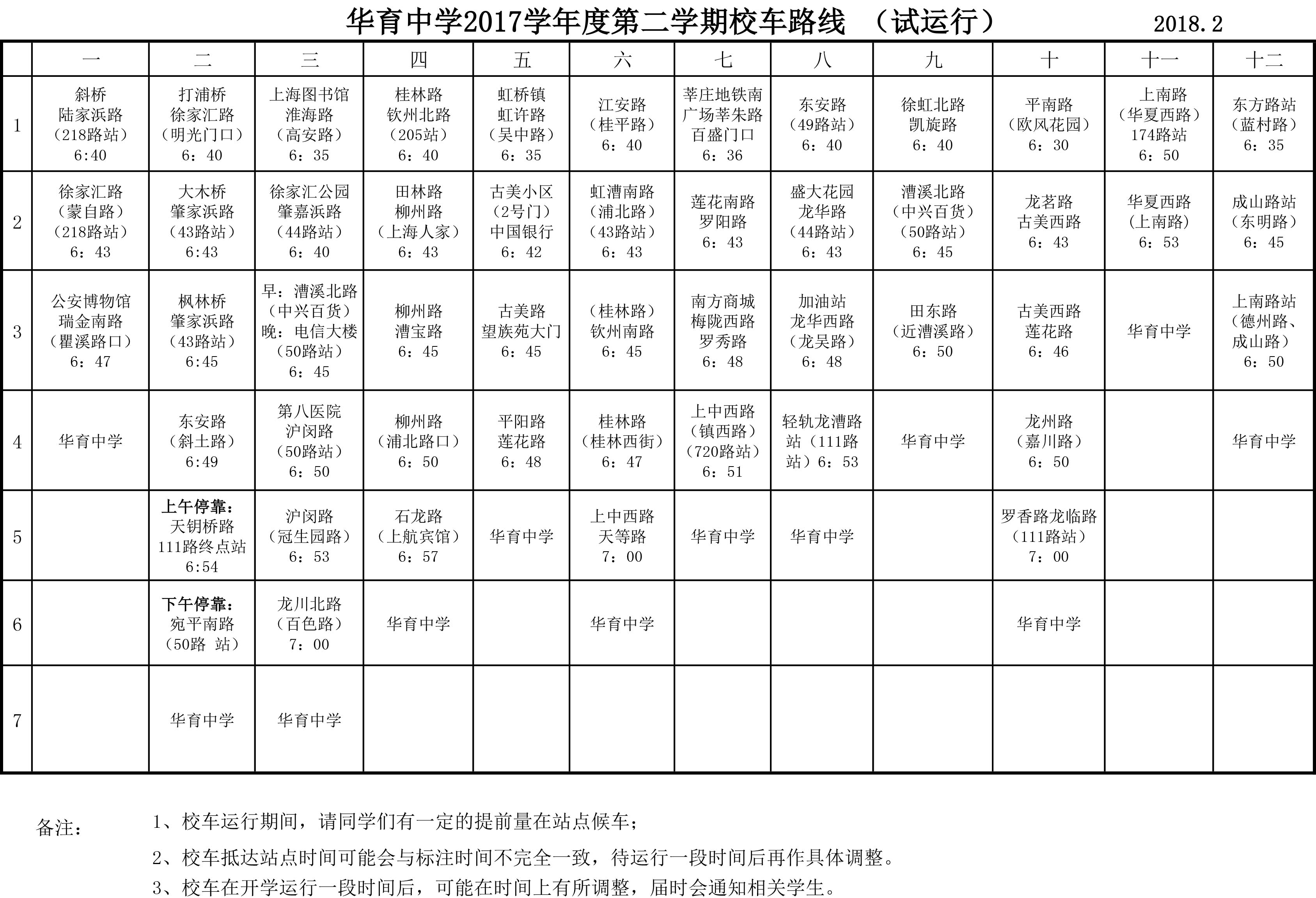 上海市華育中學2017學年度第二學期校車路線